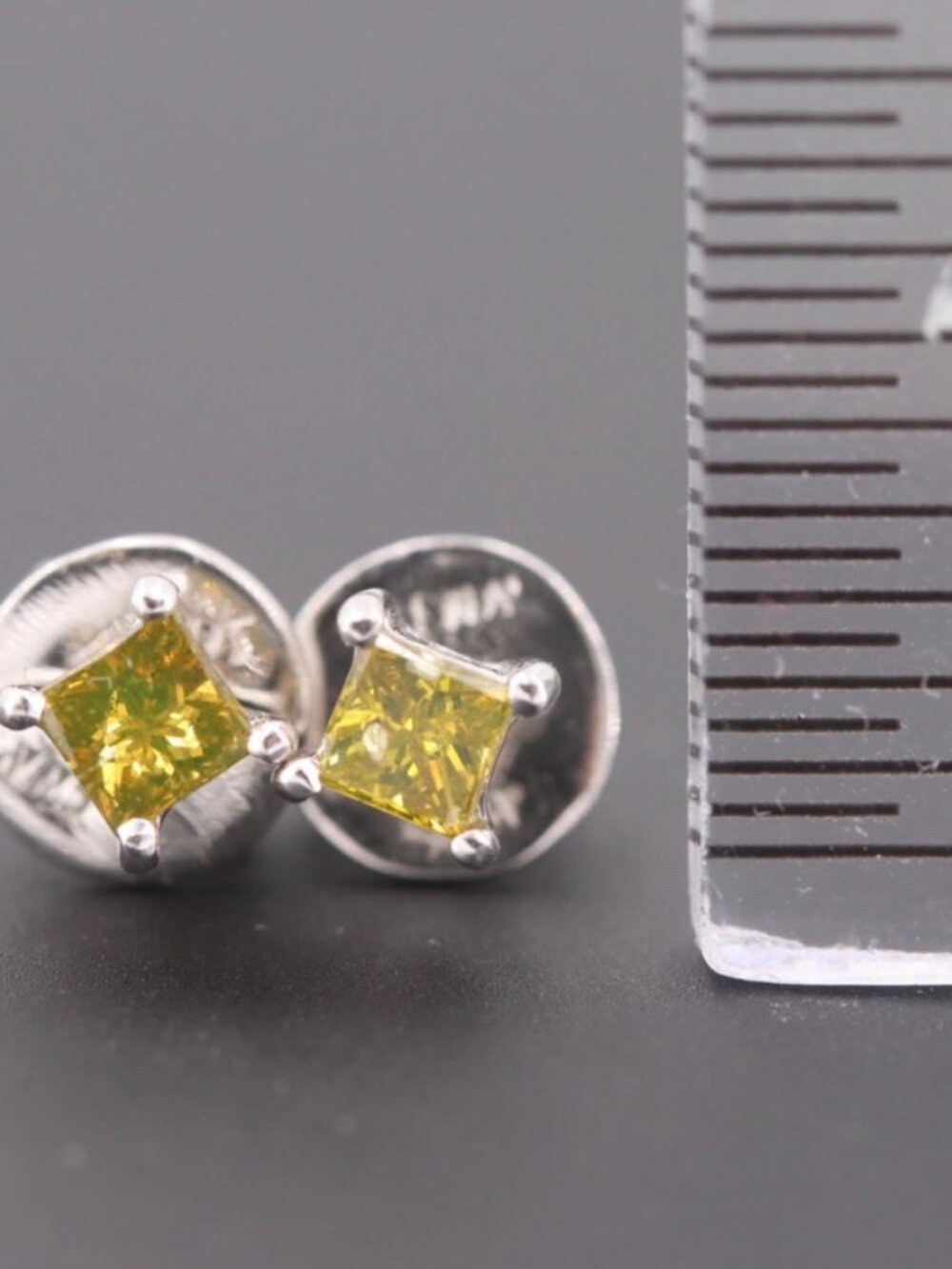 14K WHITE GOLD PRINCESS CUT IRRADIATED YELLOW DIAMOND CLUTCH BACK STUD EARRINGS - Picture 2 of 7